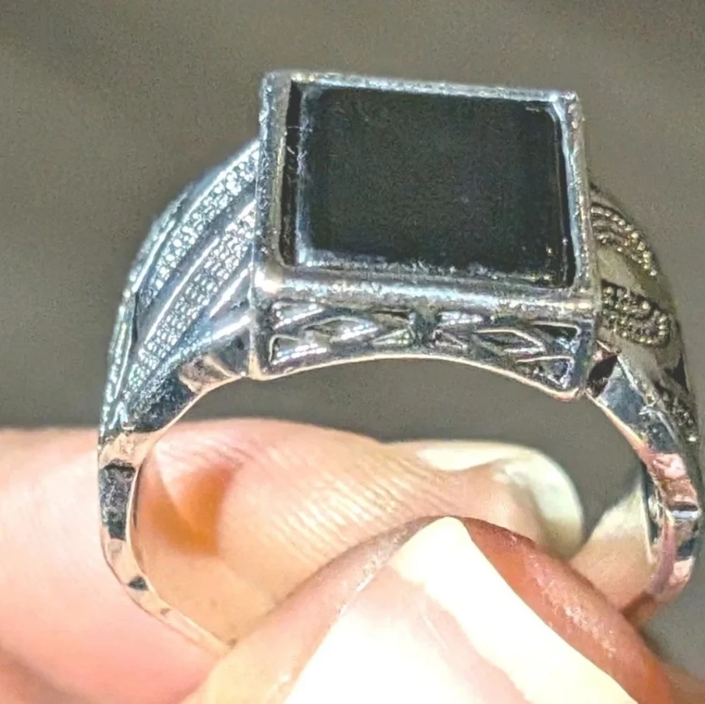 14k White Gold Plate Over Sterling Silver Turkish Gemstone Black Onyx Men's Ring